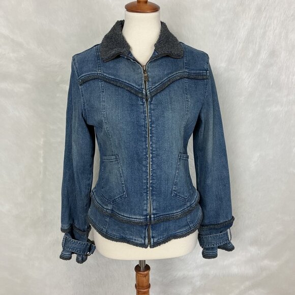 Vintage Jackets & Blazers - Vintage Vintage 90s Y2K Sherpa Trim Blue Denim Jean Jacket Blue Asphalt M